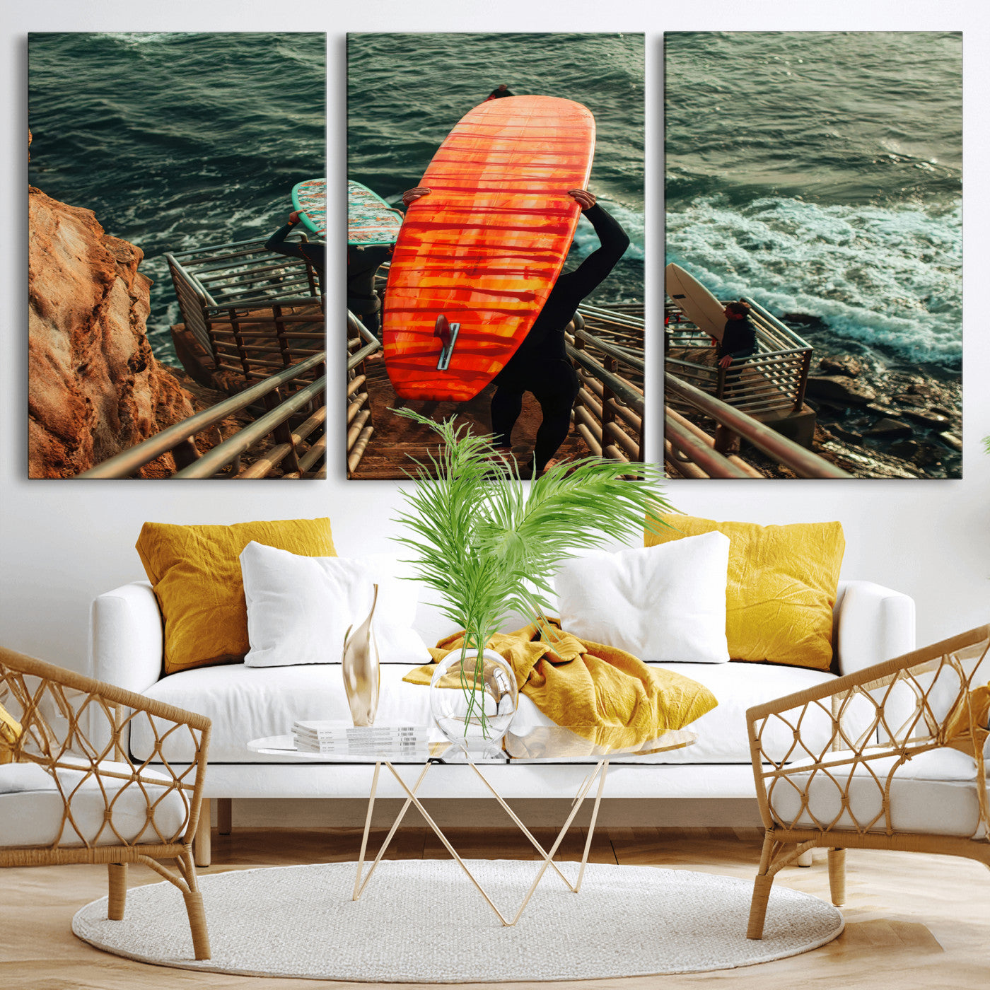 84555848-MGV-CV-36X24-Surfer Stairway Wall Art Canvas Print, Framed Ocean Surf Art Picture Print, Sunset Coastal Perfect Coastal Adventure Decor Artwork
