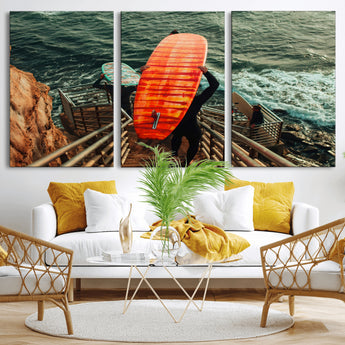 84555848-MGV-CV-36X24-Surfer Stairway Wall Art Canvas Print, Framed Ocean Surf Art Picture Print, Sunset Coastal Perfect Coastal Adventure Decor Artwork