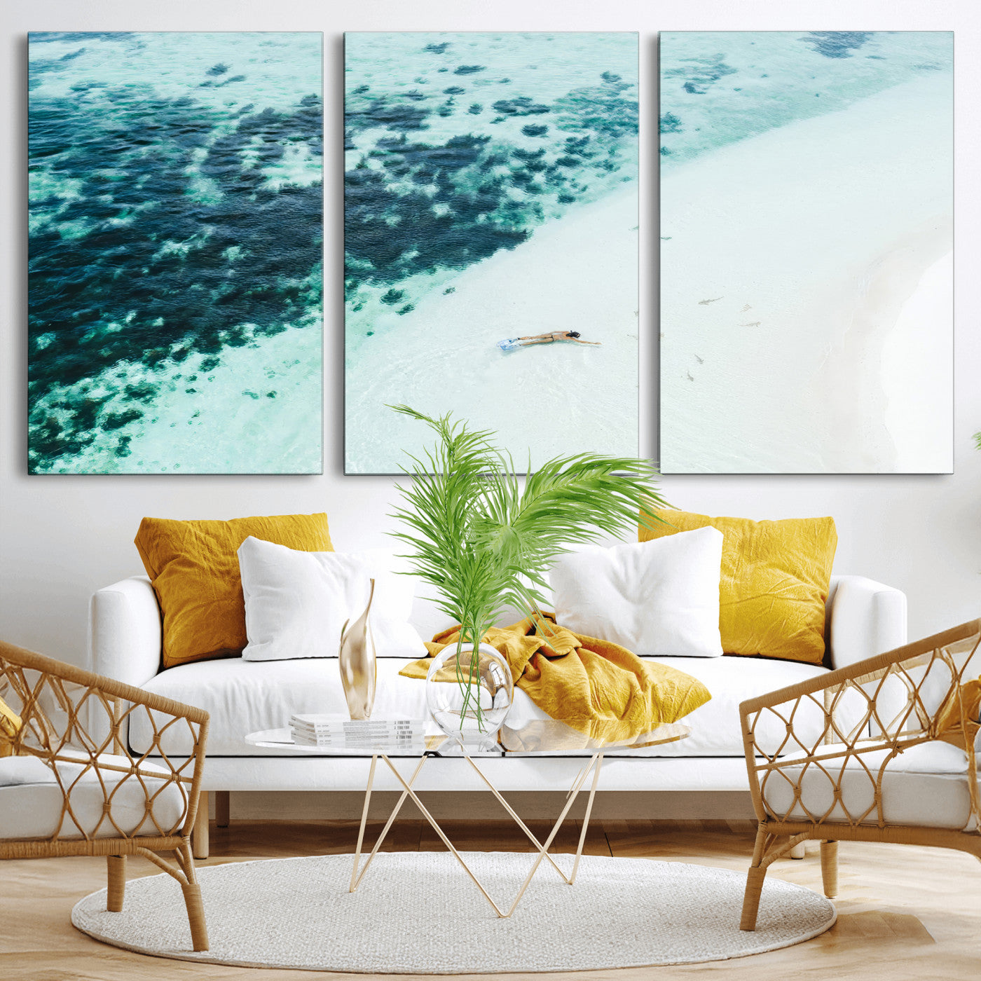 33764764-MGV-CV-36X24-Minimal Beach Wall Art Canvas Print, Framed Ocean Swimming Art Picture Print, Clear Ocean Perfect Minimal Coastal Decor Artwork