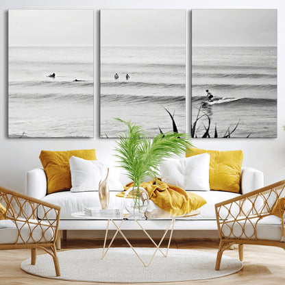 33821421-MGV-CV-36X24-Surfer Silhouette Wall Art Canvas Print, Framed Calm Ocean Art Picture Print, Monochrome Surf Perfect Minimalist Coastal Decor