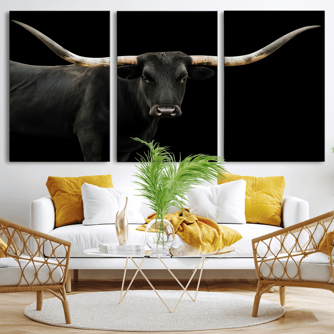 99448328-MGV-CV-36X24-Longhorn Cattle Wall Art Canvas Print, Framed Texas Ranch Art Picture Print, Western Cow Perfect Farmhouse Decor Artwork