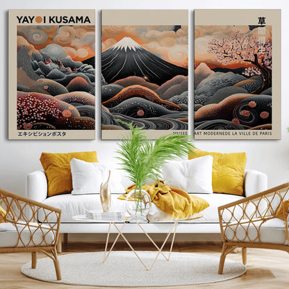 55739266-MGV-CV-36X24-Japanese Wall Art Print – Abstract Yayoi Kusama Inspired Dotted Landscape Poster, Surreal Oriental Mountain and Cherry Blossom