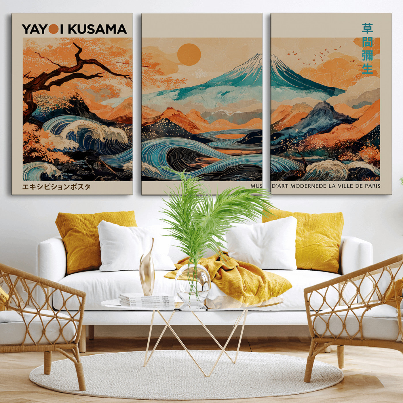 22373530-MGV-CV-36X24-Japanese Mt Fuji Wave Art Print – Ukiyo e Inspired Sun & Cherry Blossom Poster, Traditional Asian Landscape Painting, Modern