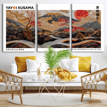 40959107-MGV-CV-36X24-Japanese Fuji Wall Art Print – Red Sun & Cherry Blossom Poster, Gold Wave Ukiyo-e Inspired Modern Japan Landscape Painting,
