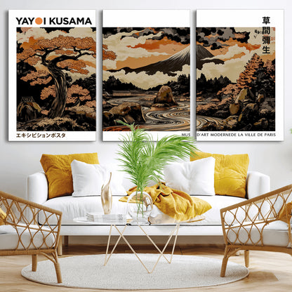 96372548-MGV-CV-36X24-Japanese Landscape Wall Art Print – Mt. Fuji Poster with Bonsai Tree & River, Ukiyo-e Inspired Modern Japanese Artwork, Autumn