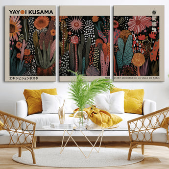 28344895-MGV-CV-36X24-Dark Floral Abstract Wall Art Poster – Modern Botanical Canvas Print with Beige Border, Kusama Inspired Boho Flower Painting,
