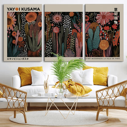 28344895-MGV-CV-36X24-Dark Floral Abstract Wall Art Poster – Modern Botanical Canvas Print with Beige Border, Kusama Inspired Boho Flower Painting,