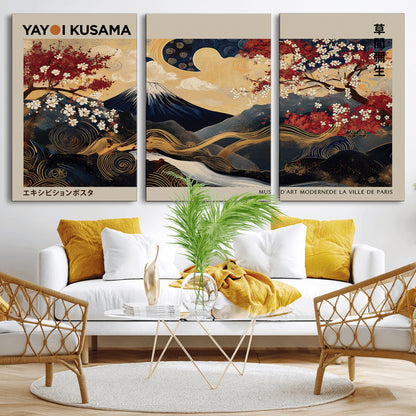 54967195-MGV-CV-36X24-Mount Fuji Wall Art – Japanese Cherry Blossom Abstract Canvas Print, Navy Gold Landscape Painting, Oriental Luxury Home Decor