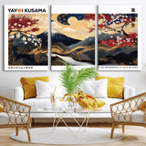 66243961-MGV-CV-36X24-Mount Fuji Japanese Wall Art – Golden Abstract Landscape Canvas Print, Cherry Blossom Painting, Modern Oriental Zen Home Decor
