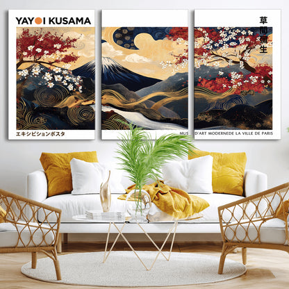 66243961-MGV-CV-36X24-Mount Fuji Japanese Wall Art – Golden Abstract Landscape Canvas Print, Cherry Blossom Painting, Modern Oriental Zen Home Decor