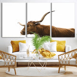 62566114-MGV-CV-36X24-Longhorn Cow Art Wall Art Canvas Print, Framed Rustic Animal Decor Art Picture Print, Texas Bull Photo Perfect Rustic Farmhouse