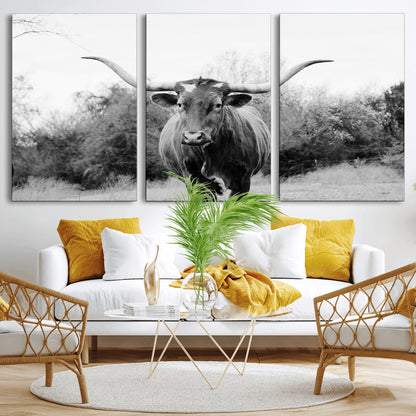 97280319-MGV-CV-36X24-Longhorn Photography Wall Art Canvas Print, Framed Western Cow Decor Art Picture Print, Texas Ranch Style Perfect Rustic Farmhouse