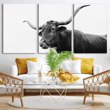 99244177-MGV-CV-36X24-Longhorn Photography Wall Art Canvas Print, Framed Western Cow Decor Art Picture Print, Black White Bull Perfect Modern Rustic