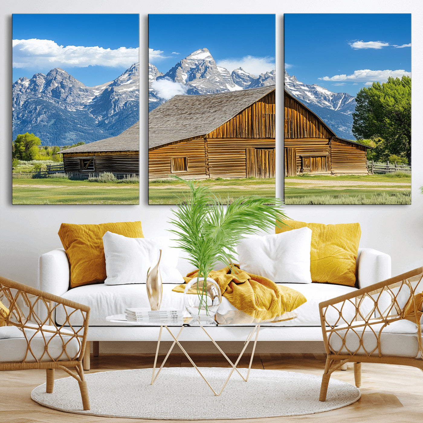 75948467-MGV-CV-36X24-Mountain Barn Scene Wall Art Canvas Print, Framed Rustic Farmhouse Style Art Picture Print, Country Cabin Decor Perfect Rustic