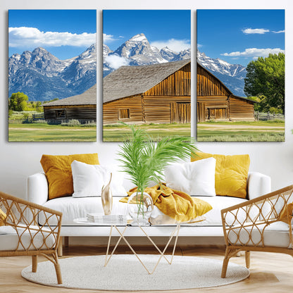 75948467-MGV-CV-36X24-Mountain Barn Scene Wall Art Canvas Print, Framed Rustic Farmhouse Style Art Picture Print, Country Cabin Decor Perfect Rustic