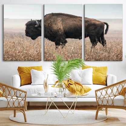 34451925-MGV-CV-36X24-Rustic Bison Decor Wall Art Canvas Print, Framed Buffalo Home Accent Art Picture Print, Prairie Wildlife Scene Perfect Western