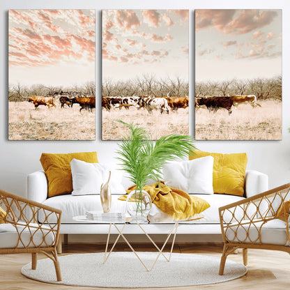 43704663-MGV-CV-36X24-Country Cow Herd Wall Art Canvas Print, Framed Farmhouse Cattle Scene Art Picture Print, Rustic Ranch Decor Perfect Rustic