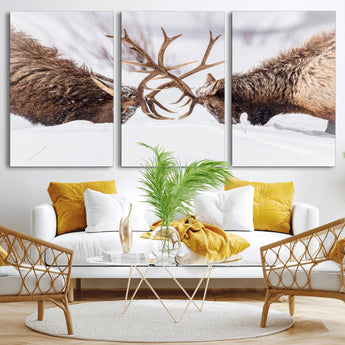 36507609-MGV-CV-36X24-Elk Clash Scene Wall Art Canvas Print, Framed Wildlife Strength Decor Art Picture Print, Snowy Forest Elk Perfect Rustic Lodge