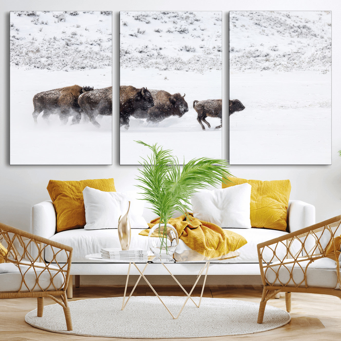 56216945-MGV-CV-36X24-Bison Herd Decor Wall Art Canvas Print, Framed Snowy Bison Scene Art Picture Print, Winter Wildlife Theme Perfect Rustic Western