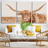 74406977-MGV-CV-36X24-Longhorn Bull Decor Wall Art Canvas Print, Framed Western Cow Theme Art Picture Print, Rustic Farmhouse Wall Perfect Neutral