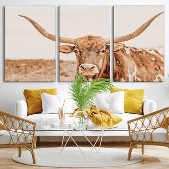 74406977-MGV-CV-36X24-Longhorn Bull Decor Wall Art Canvas Print, Framed Western Cow Theme Art Picture Print, Rustic Farmhouse Wall Perfect Neutral