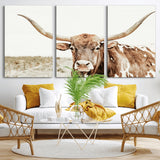 98924580-MGV-CV-36X24-Texas Longhorn Bull Wall Art Canvas Print, Framed Rustic Farmhouse Decor Art Picture Print, Western Animal Theme Perfect Rustic