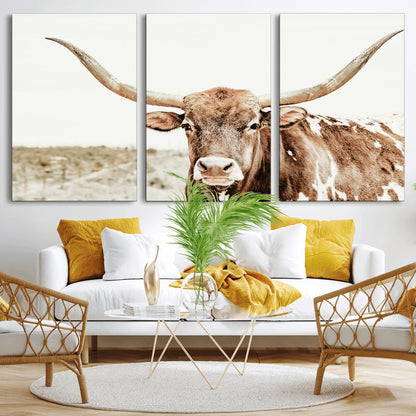 98924580-MGV-CV-36X24-Texas Longhorn Bull Wall Art Canvas Print, Framed Rustic Farmhouse Decor Art Picture Print, Western Animal Theme Perfect Rustic
