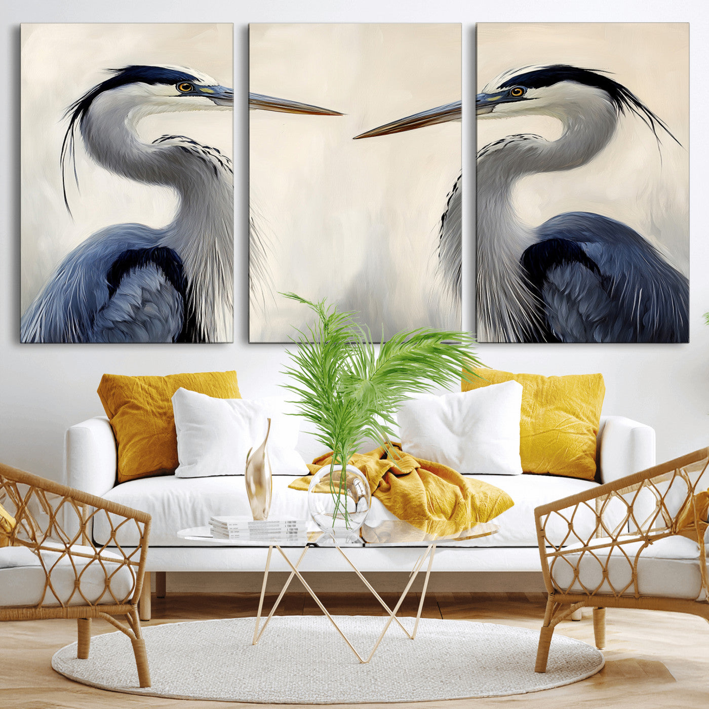 18230556-MGV-CV-36X24-Blue Heron Pair Wall Art Canvas Print, Framed Coastal Bird Theme Art Picture Print, Tranquil Wildlife Scene Perfect Coastal