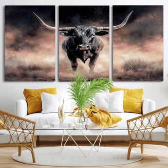71457818-MGV-CV-36X24-Longhorn Wall Art Wall Art Canvas Print, Framed Western Bull Canvas Art Picture Print, Rustic Cow Decor Perfect Western Dramatic