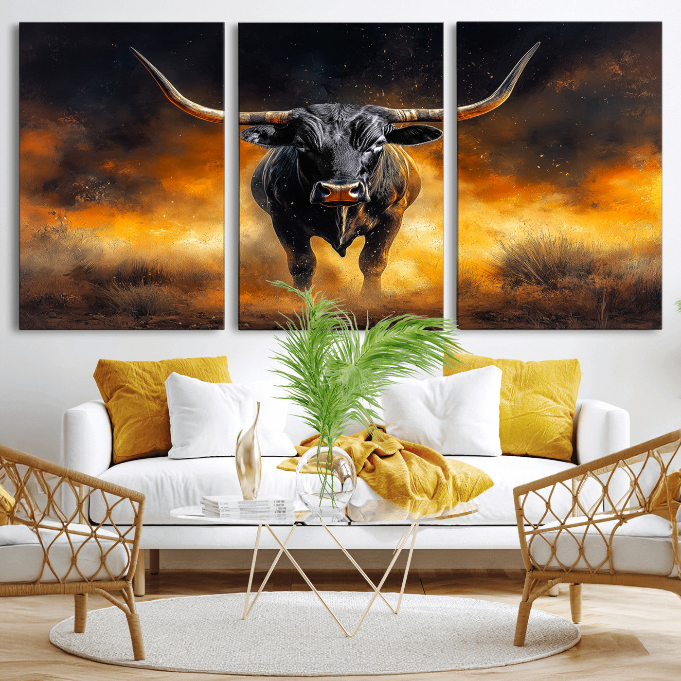 58293979-MGV-CV-36X24-Longhorn Canvas Wall Art Canvas Print, Framed Bold Bull Wall Art Art Picture Print, Western Animal Decor Perfect Western Dramatic