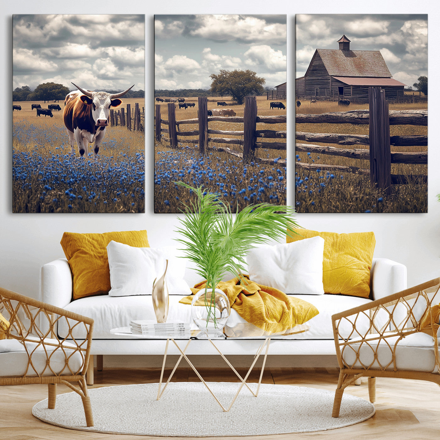 22296025-MGV-CV-36X24-Texas Longhorn Canvas Wall Art Canvas Print, Framed Rustic Barn Wall Art Art Picture Print, Farmhouse Cow Decor Perfect Rustic