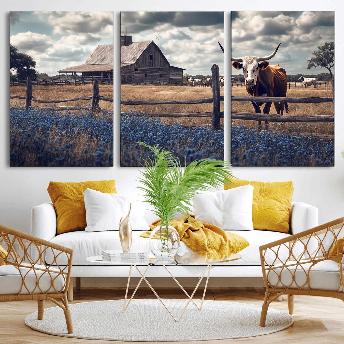 51092814-MGV-CV-36X24-Texas Longhorn Wall Art Wall Art Canvas Print, Framed Rustic Barn Canvas Art Picture Print, Farmhouse Cow Decor Perfect Rustic