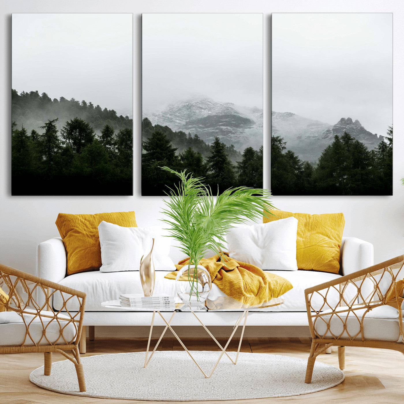 55968349-MGV-CV-36X24-Misty Mountains Wall Art Canvas Print, Framed Foggy Forest Art Picture Print, Snowy Peaks Perfect Moody Wilderness Decor Artwork