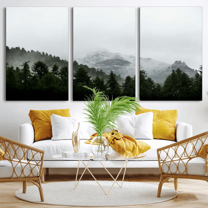 55968349-MGV-CV-36X24-Misty Mountains Wall Art Canvas Print, Framed Foggy Forest Art Picture Print, Snowy Peaks Perfect Moody Wilderness Decor Artwork