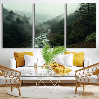 48497565-MGV-CV-36X24-Misty Forest Wall Art Canvas Print, Framed Foggy River Art Picture Print, Moody Landscape Perfect Moody Wilderness Decor Artwork