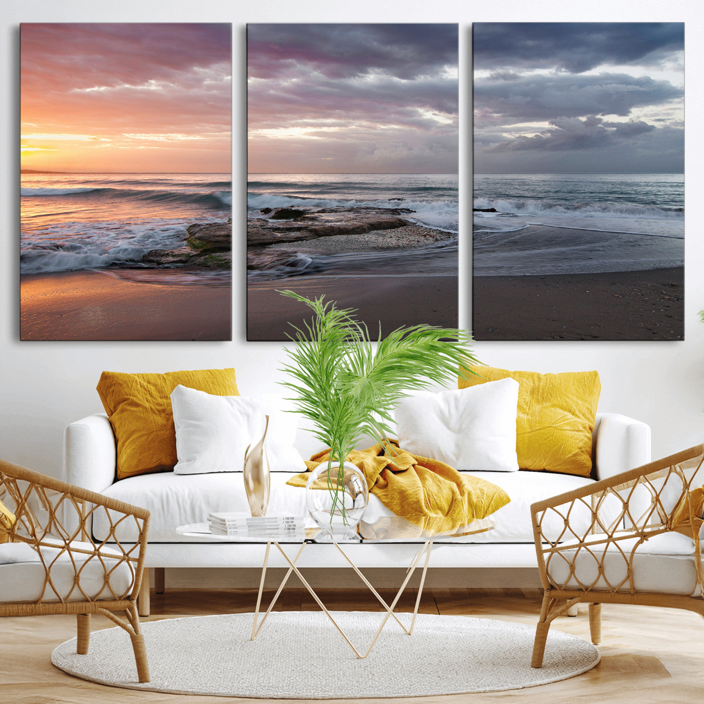 94208089-MGV-CV-36X24-Golden Hour Wall Art Canvas Print, Framed Tranquil Waves Art Picture Print, Beach Horizon Perfect Coastal Serenity Decor Artwork