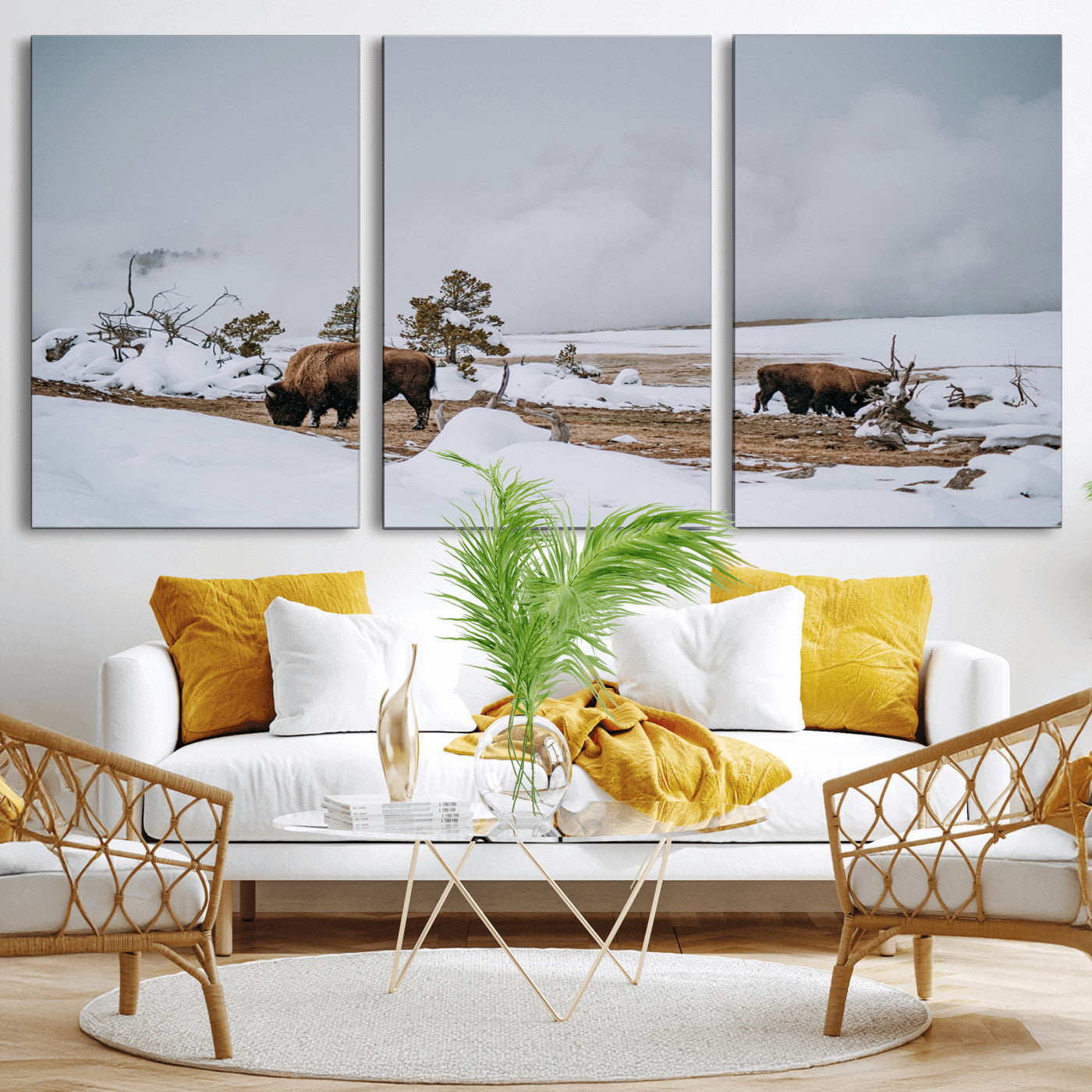 60308289-MGV-CV-36X24-Bison Wildlife Wall Art Canvas Print, Framed Snowy Prairie Art Picture Print, Western Landscape Perfect Rustic Winter Decor