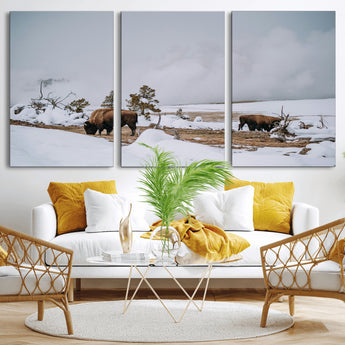 60308289-MGV-CV-36X24-Bison Wildlife Wall Art Canvas Print, Framed Snowy Prairie Art Picture Print, Western Landscape Perfect Rustic Winter Decor