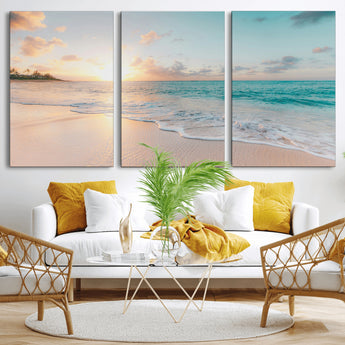 94538225-MGV-CV-36X24-Beach Sunset Wall Art Canvas Print, Framed Ocean Waves Art Picture Print, Summer Escape Perfect Coastal Serenity Decor Artwork