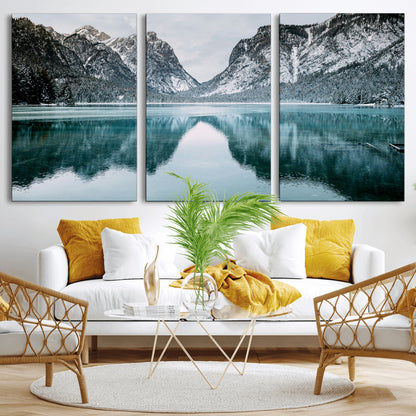 73098373-MGV-CV-36X24-Mountain Lake Wall Art Canvas Print, Framed Winter Wonderland Art Picture Print, Snowy Peaks Perfect Modern Nature Decor Artwork