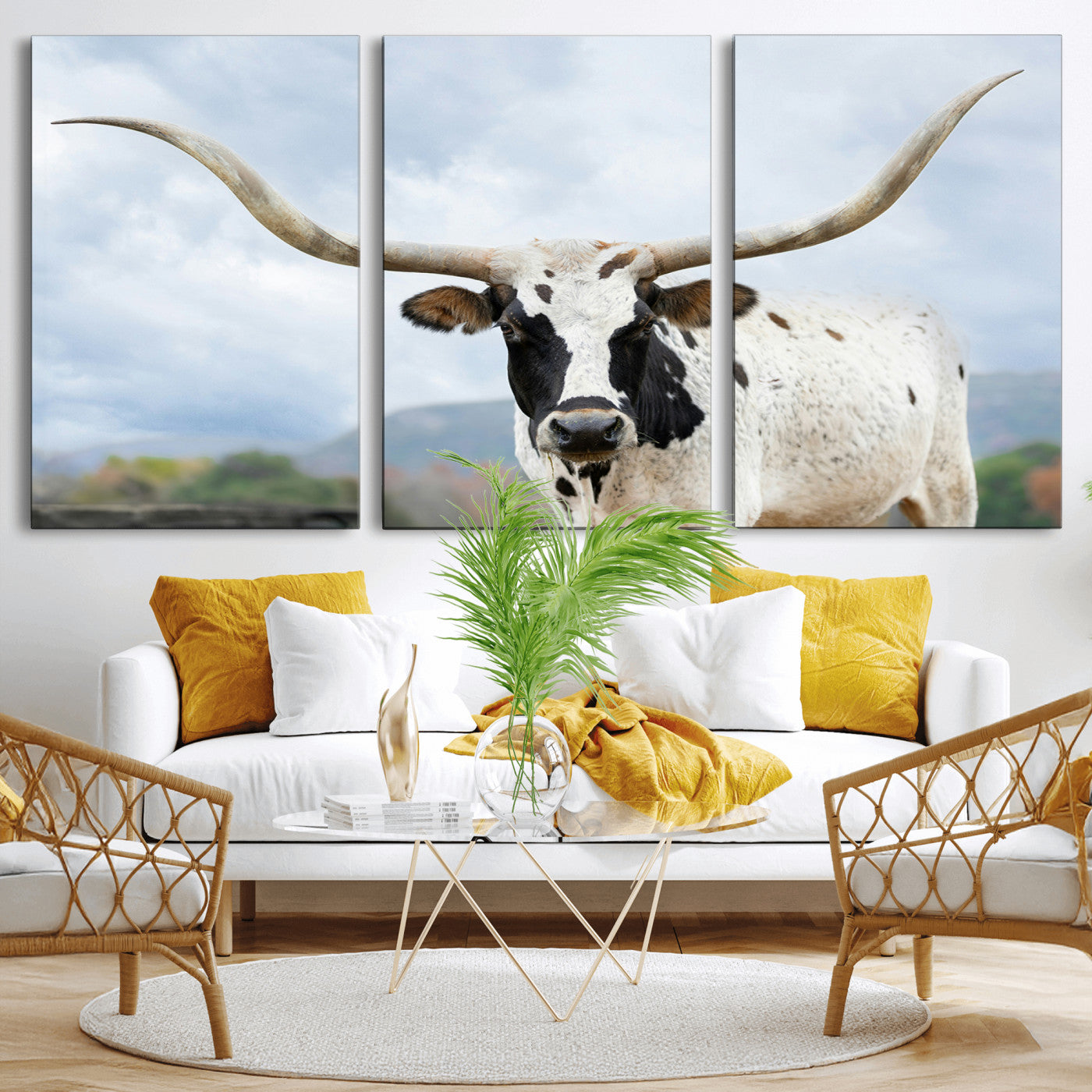 63592811-MGV-CV-36X24-Texas Longhorn Wall Art Canvas Print, Framed Western Rustic Art Picture Print, Farmhouse Decor Perfect Rustic Farmhouse Decor