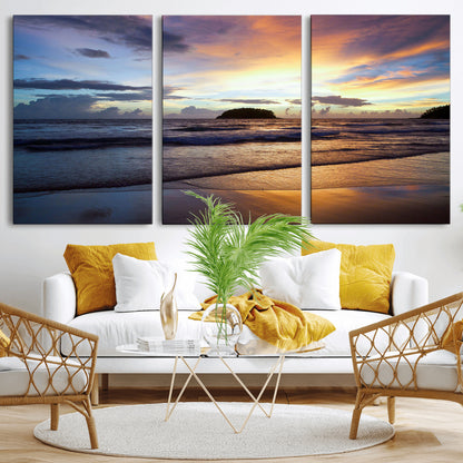36714356-MGV-CV-36X24-Beach Sunset Wall Art Canvas Print, Framed Ocean Waves Art Picture Print, Tropical Seascape Perfect Coastal Serenity Decor Artwork