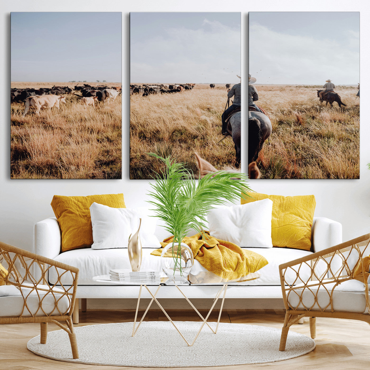 22431577-MGV-CV-36X24-Western Wall Art Wall Art Canvas Print, Framed Cowboy Canvas Art Picture Print, Cattle Drive Scene Perfect Rustic Western Decor