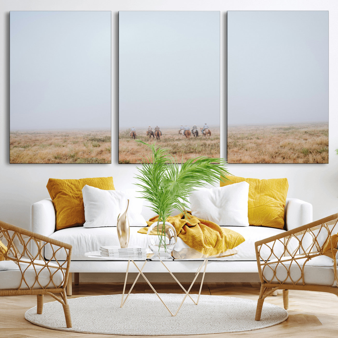 14761944-MGV-CV-36X24-Foggy Plains Wall Art Canvas Print, Framed Horseback Riders Art Picture Print, Rustic Western Perfect Rustic Western Decor Artwork