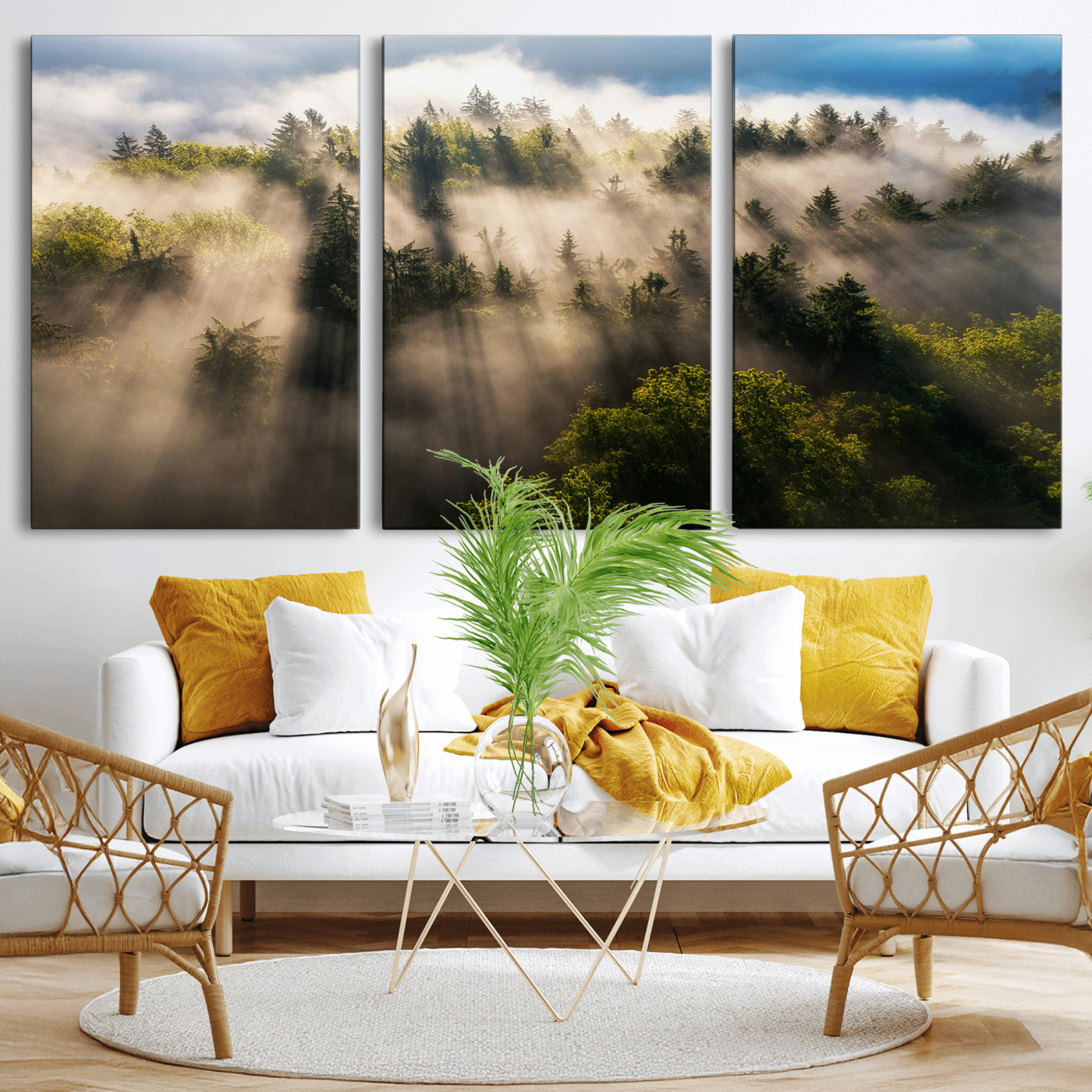 14785710-MGV-CV-36X24-Tranquil Forest Scene Wall Art Canvas Print, Framed Sunbeam Through Trees Art Picture Print, Moody Green Wall Art Perfect