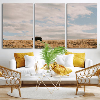22754563-MGV-CV-60X30-3P-Earthy Tones Wall Art Canvas Print, Framed Rustic Nature Art Picture Print, Solitary Buffalo Perfect Western Minimalist Decor