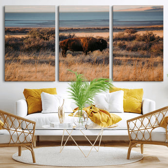 39509187-MGV-CV-36X24-Western Wildlife Wall Art Canvas Print, Framed Bison Art Picture Print, Golden Hour Perfect Western Rustic Decor Artwork