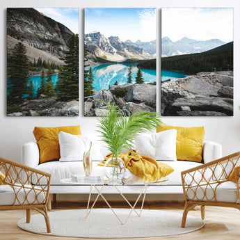 98014896-MGV-CV-36X24-Canadian Rockies Wall Art Canvas Print, Framed Mountain Landscape Art Picture Print, Turquoise Water Perfect Scandinavian
