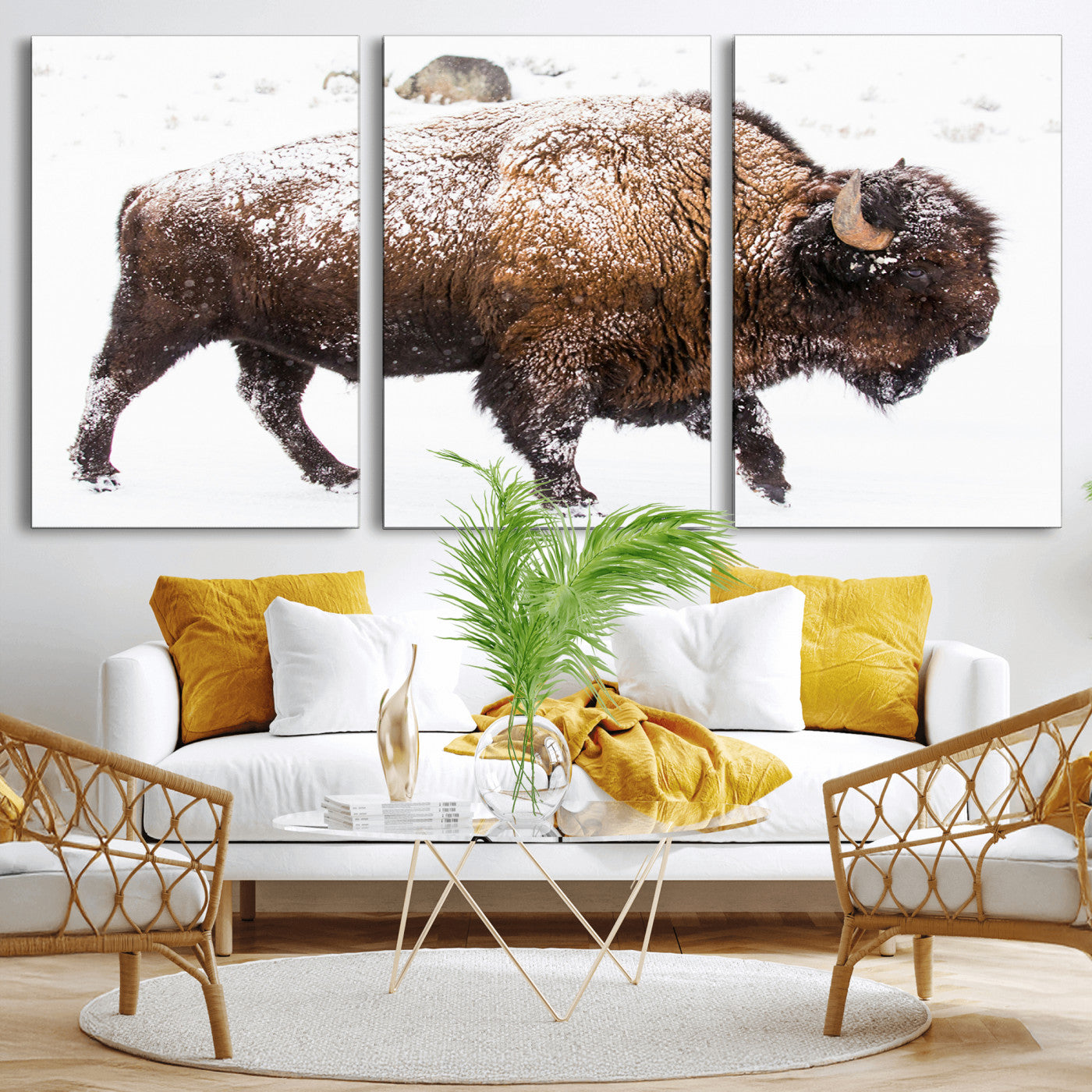 94261165-MGV-CV-60X30-3P-Snowy Buffalo Wall Art Canvas Print, Framed Wildlife Photography Art Picture Print, Brown Tones Perfect Rustic Lodge Decor Decor