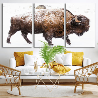 94261165-MGV-CV-60X30-3P-Snowy Buffalo Wall Art Canvas Print, Framed Wildlife Photography Art Picture Print, Brown Tones Perfect Rustic Lodge Decor Decor